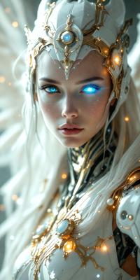 The primary subject of the image is a woman with white hair and a blue eye. She is wearing a white dress and has a gold and white headpiece. The setting is a room with a backdrop of a wall. The visual style is a digital art, illustration, or drawing. The colors and mood of the image are predominantly white and blue, giving it a serene and elegant atmosphere.